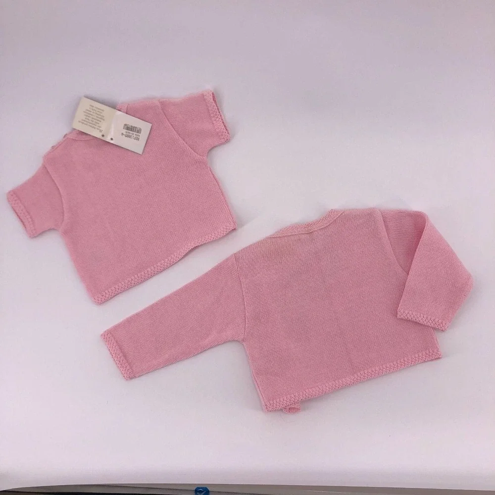 New 6 Mo Pink Short Sleeve Sweater & Cardigan Set Detailed Trim w Square Buttons